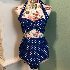 Blue and white 50s style polka dot bikini